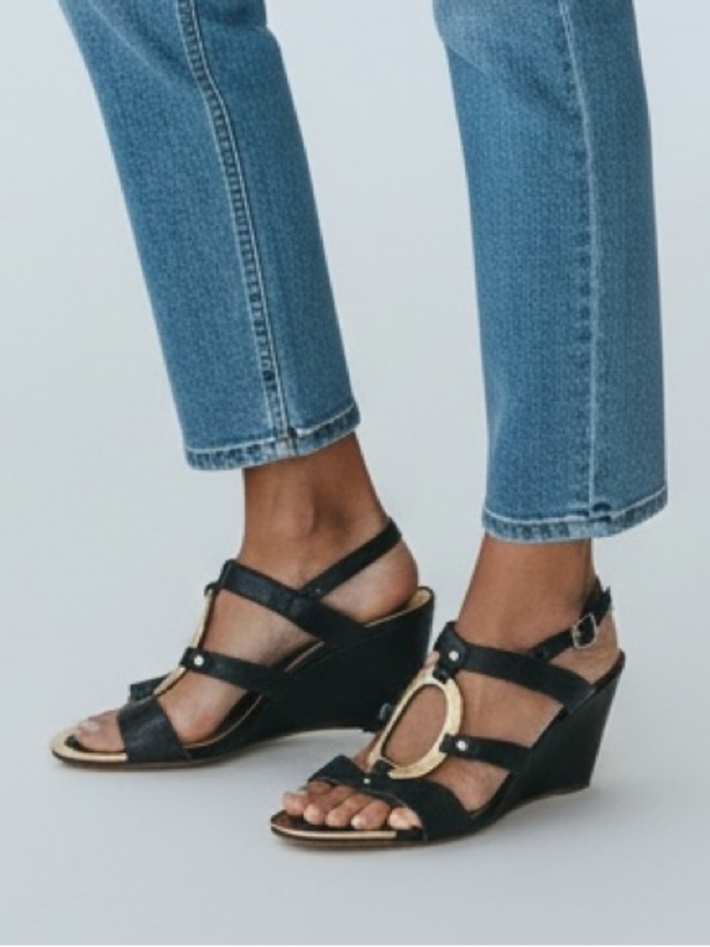 Anne Klein Black Wedge Sandals with Gold Accent